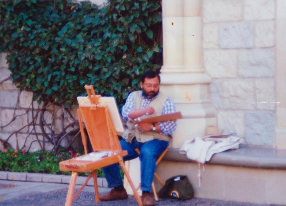 Hani sketching at Disneyland behind the Aurora's Sleeping Beauty Palace in March 1994