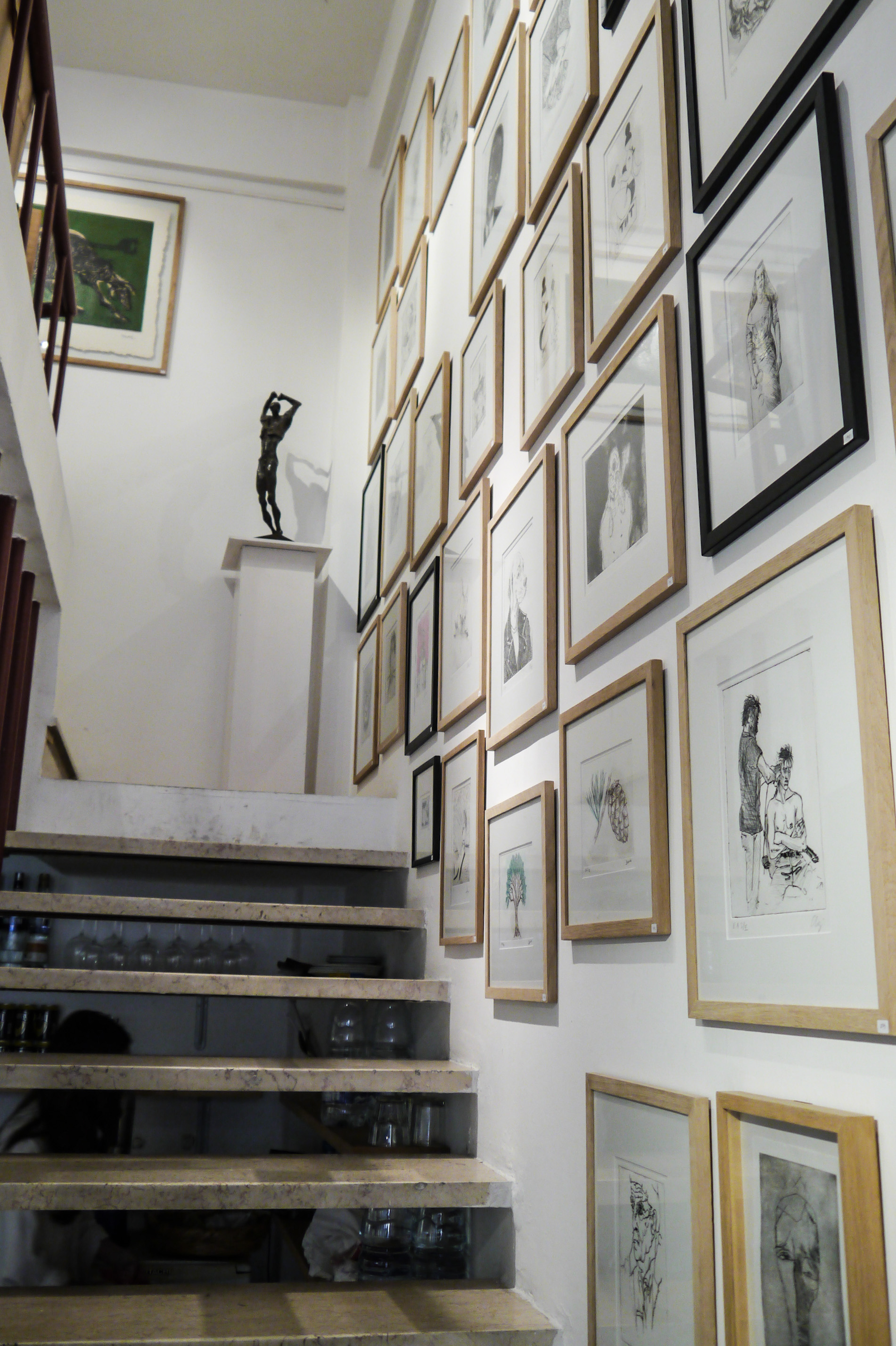 A large selection of etchings made by Lebanese artists lining the walls of Zaarura Gallery