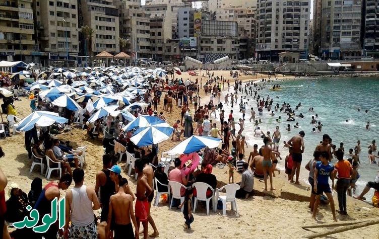 Scores of Egyptians attempting to escape the bustle of Cairo by cooling off on Alexandria's shores. Photo: Al-Wafd